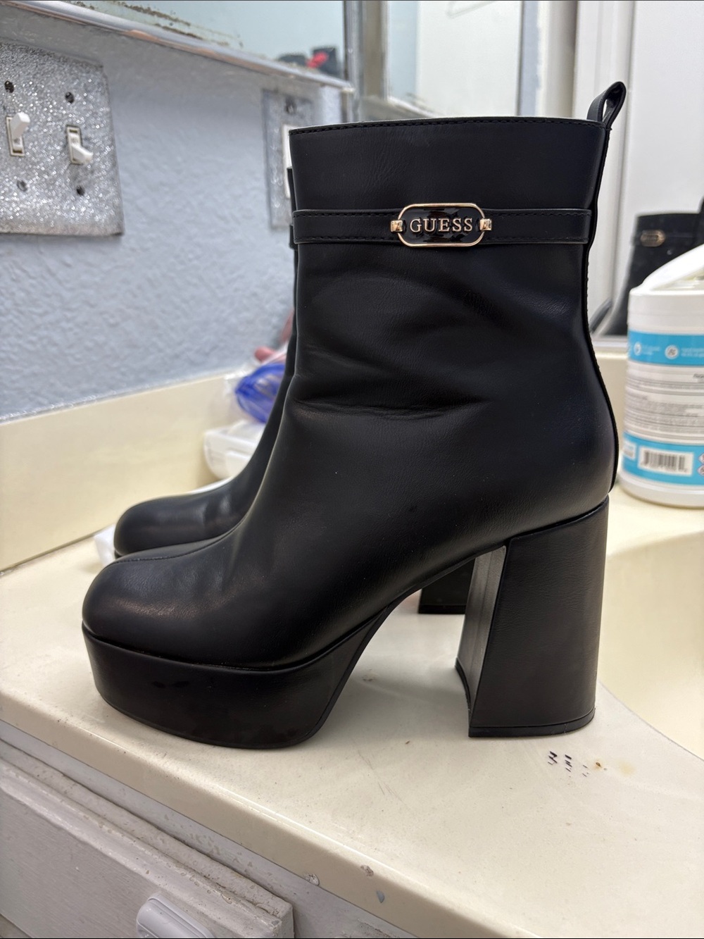 GUESS Black Platform Block Heel Ankle Boots - Picture 2 of 5